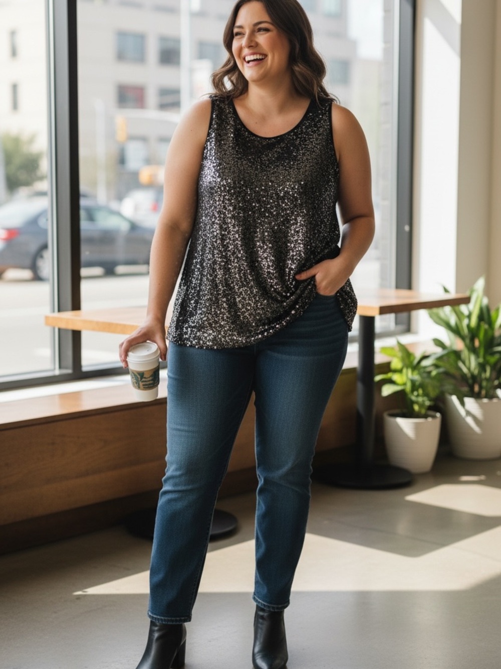 Sequin Scoop Neck Tank Top - Black